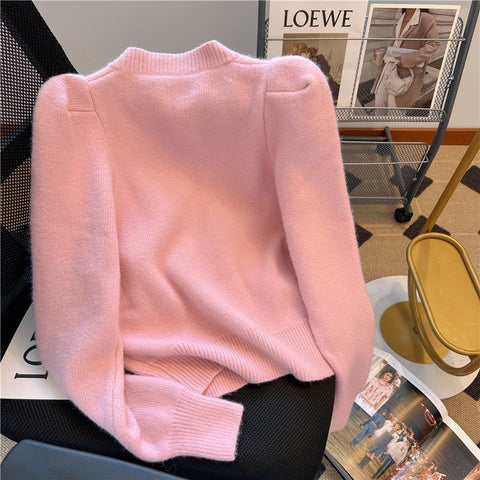 Black Friday Sonicelife Sweet Knit Sweater Women Puff Sleeve Gentle Soft Pink Chic Button Top Elegant Gold Single -Breasted Pretty Style Cardigan