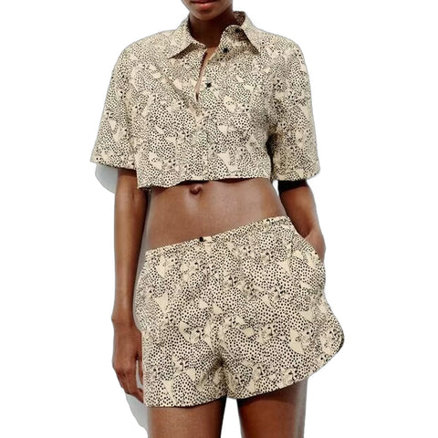 Sonicelife Women's Single Breasted Top and High Waist Mini Shorts Set Printed Shirt Elastic Animal Image New