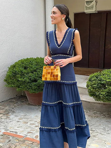 Sonicelife Elegant Tassels Ruffles Maxi Dress Women Vintage V-neck Sleeveless Patchwork Female Party Dresses 2024 Summer Lady Holiday Robes