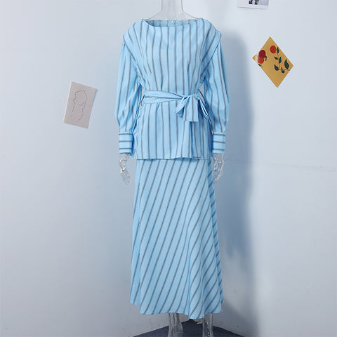 Sonicelife Elegant Stripe Print Skirt Set Women Fashion Belt Lantern Sleeve Shirt Pleated Long Skirts 2024 Spring Summer Casual Lady Outfit