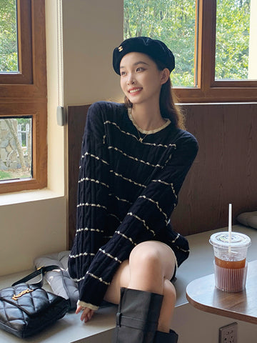 Sonicelife Korean Soft Striped Sweaters Women O Neck Lazy Wind Fashion Knitted Jumpers Fall Loose Long Sleeve Female Sweet Pullovers