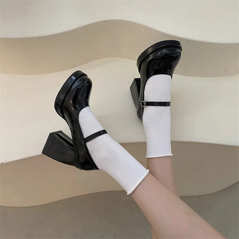 Sonicelife 2024Mary Jane Shoes Women Retro British Style Hepburn Black High Heel One Word Buckle Thick Heel Square Head Single Shoes Women