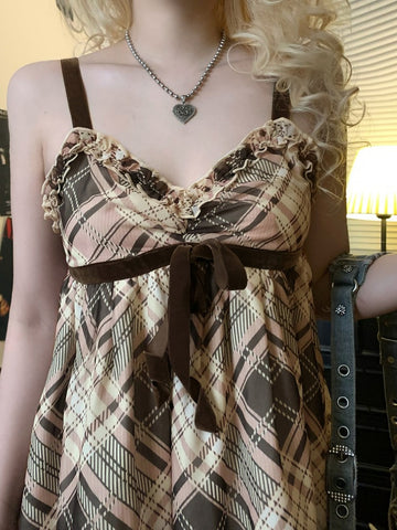 Sonicelife Y2k Vintage Plaid Camisole Women Streetwear Pastel Goth Bow Patchwork High Waist Loose Crop Tank Tops Cute Sweet Outfits