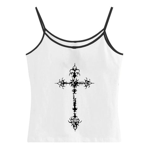 Sonicelife Y2K Gothic Grunge Punk Aesthetic Print Lace Camisole Top Fashion Sexy Sleeveless Slim Chic Crop Top 90s Vintage Rock Women's Tee