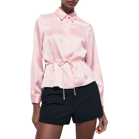 Sonicelife Women's Long Sleeve Single Breasted Top Waistband Decoration Silk Satin Texture Sweet Temperament New Shirt
