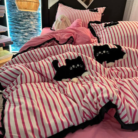 Sonicelife Korean Style Bedding Set Green Strip Black Cat Embroidery Washed Cotton  Duvet Cover Cute Cardboard  Bed linen Comforter Sets