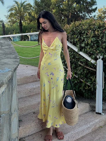 Sonicelife Sexy Print Sling Long Dress Women Slim V-neck Sleeveless Backless Female Dresses 2024 Summer Elegant Lady Vacation Floral Robes