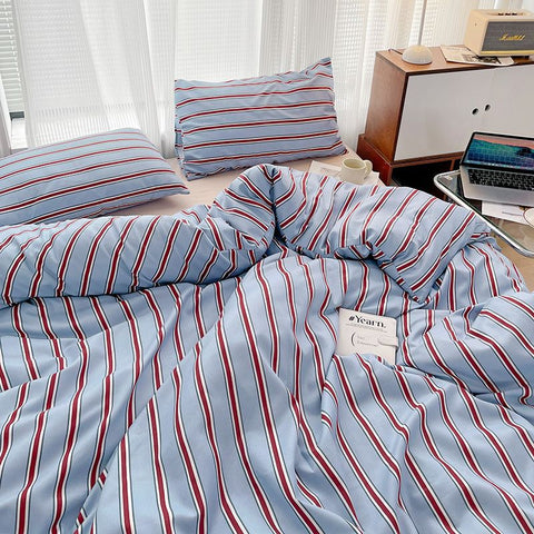 Sonicelife Simple Red and Blue Striped Duvet Cover and Four Piece Bed Sheet Set with Washed Cotton Bedding on the Bed