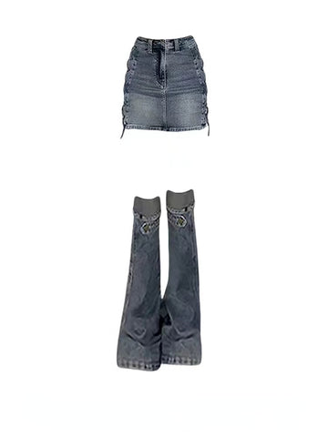 Sonicelife 2025 Sweet Design Y2k Denim Patchwork Set Women Lace-up Short Skirt + Leg Warmer Jeans High Waist Elastic Casual Two Piece Sets