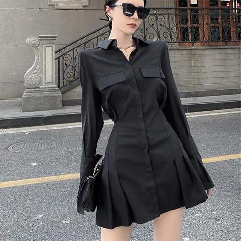 Sonicelife Black Shirt Dress Women Elegant Vintage Long Sleeve Pleated Dress Sexy Gothic Y2k Turn Down Collar Casual Mini Vestidos