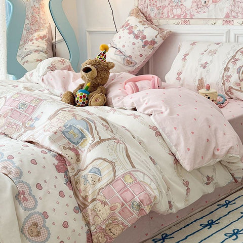 Sonicelife Cute Bear Bedding Set No Filler Full Queen Size Duvet Cover Flat Sheet Pillowcase Kids Adults Fashion Soft Comforter Cover