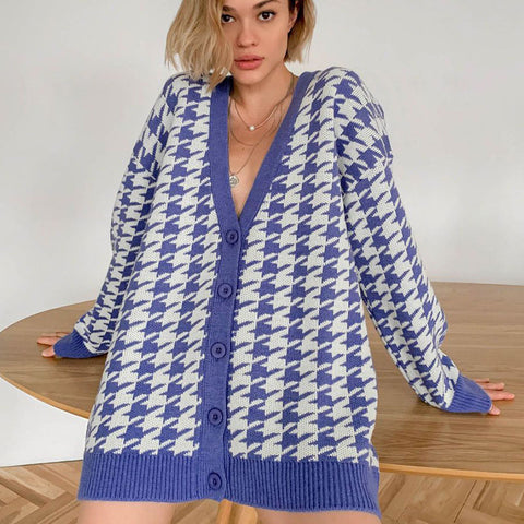 Sonicelife Vintage Houndstooth Cardigan Women Streetwear Loose Long Sleeve V Neck Knitted Coats American Retro Casual Oversize Tops