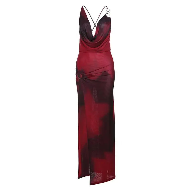 Sonicelife Vintage Printing Halter Women Robes Sexy Deep V Neck Slim Fit Maxi Dresses Fashion Sleeveless Backless New Cocktail Dress Woman