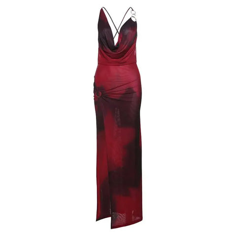 Sonicelife Vintage Printing Halter Women Robes Sexy Deep V Neck Slim Fit Maxi Dresses Fashion Sleeveless Backless New Cocktail Dress Woman