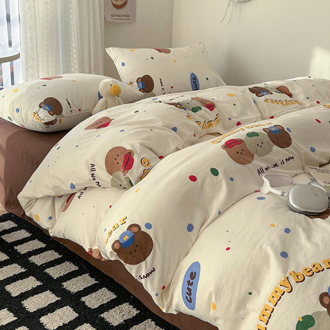 Sonicelife Ins Korean Cartoon Little Bear Cute Bedding Set Autumn Winter Polyester Bed Sheet Pillowcase Twin Full Queen Size Quilt Cover