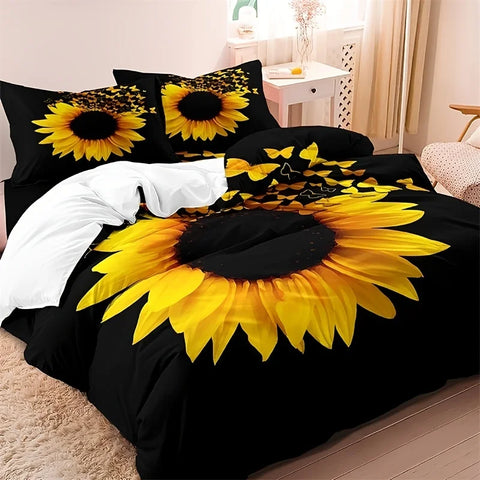 Sonicelife 3pcs Fashion Duvet Cover Set, Sunflower Print Bedding Set With Zipper Closure, Soft Comfortable Duvet Cover