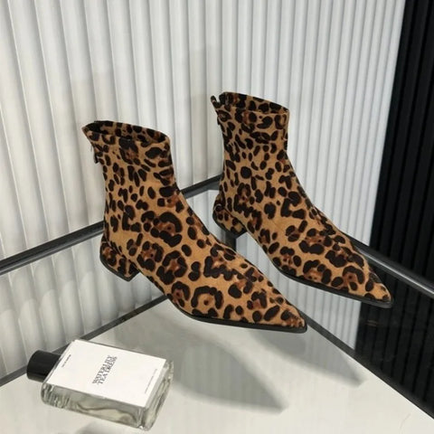 Sonicelife 2025 Zippers Fashion Pointed Toe Women Ankle Boots With Low Heel Shoes Female Leopard Print Footwear Ladies Stretch Modern Boots