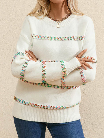 christmas outfit Sonicelife Long Sleeves Loose Contrast Color Round-Neck Pullovers Sweater Tops