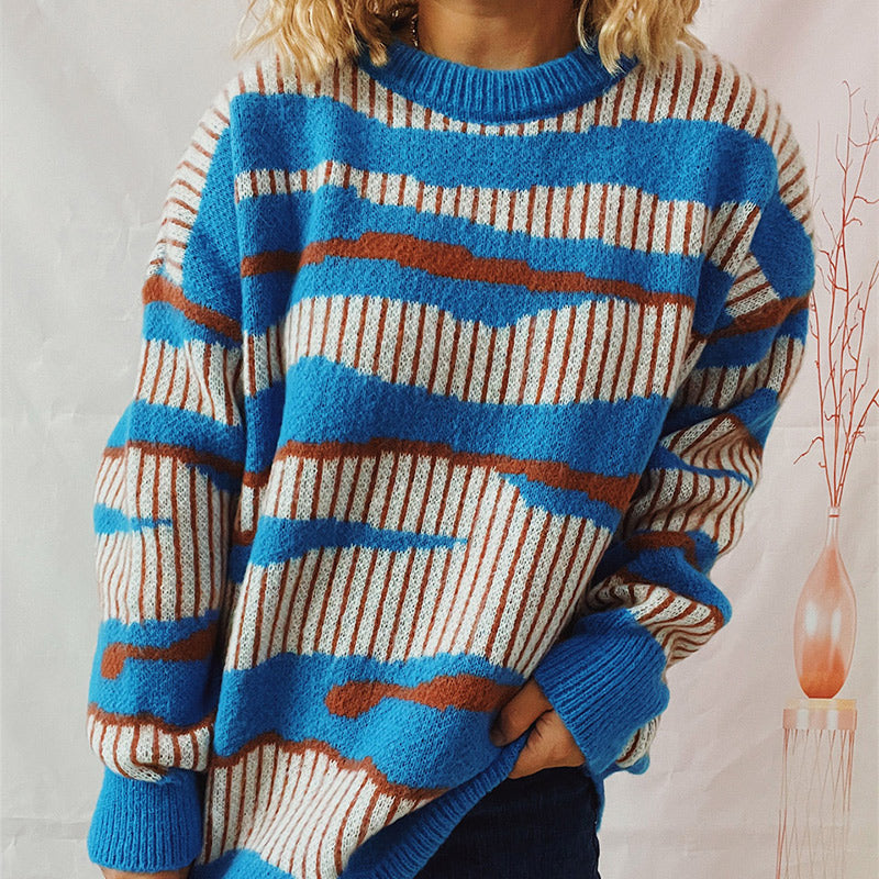 Black Friday Sonicelife Casual Loose Irregular Striped Pullover Sweater Women Autumn Retro O-Neck Thick Warm Sweaters Female Chic Daily Street Knitwear