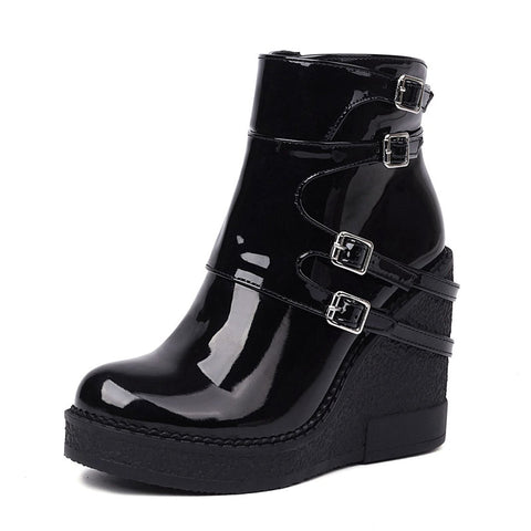 thanksgiving outfit Sonicelife Fashion Women Ankle Boots Round Toe Wedges 10.5cm Belt Buckles Size 41 42 43 Daily Female Booties