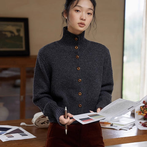 Sonicelife Retro Coffee Cardigan Sweaters Women Long Sleeve Casual Korean Knitted Coat Harajuku Vintage Female Stand Collar Tops New
