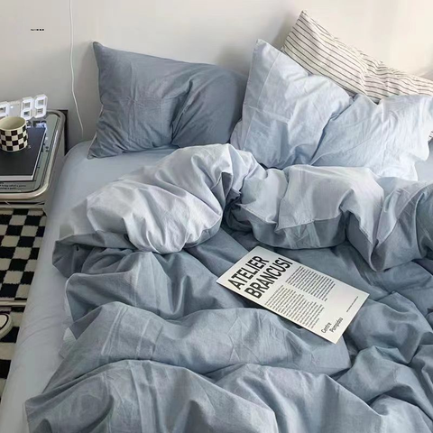 Sonicelife Sky Blue Solid Color Bedding Set Soft Girls Boys Single Double Size Flat Sheet Duvet Cover Pillowcase Bed Linens Home Textile