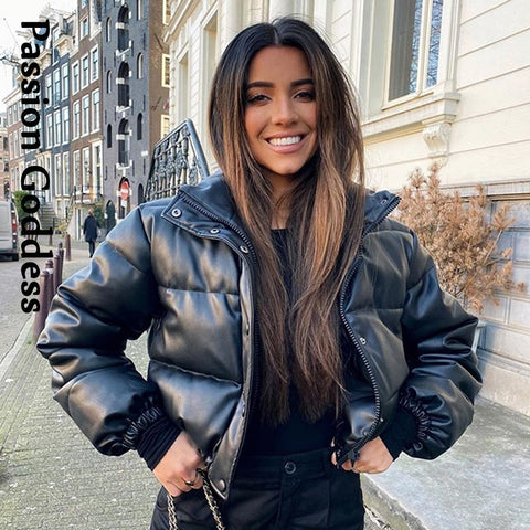 Sonicelife Winter Women Faux Leather Parkas Jacket Stand Collar Warm Bubble Coat Down Parka Puffer Jackets Outwear Cropped Parka Mujer 2020