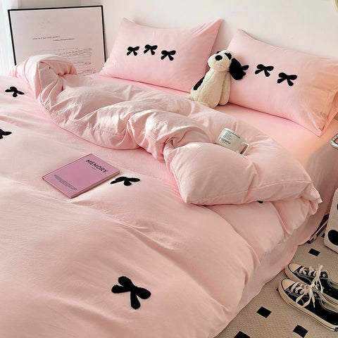 Sonicelife Ins Pink Bedding Set with Bow Embroidery Korean Soft Duvet Cover Flat Sheet Pillowcases Girls Gift Fashion Comforter Cover Set