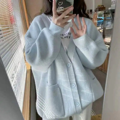 Sonicelife women Cardigan sweater blue Knitted tops Buttoned Up Elegant V-neck Knitted Sweater Cardigan 2024 Autumn Winter