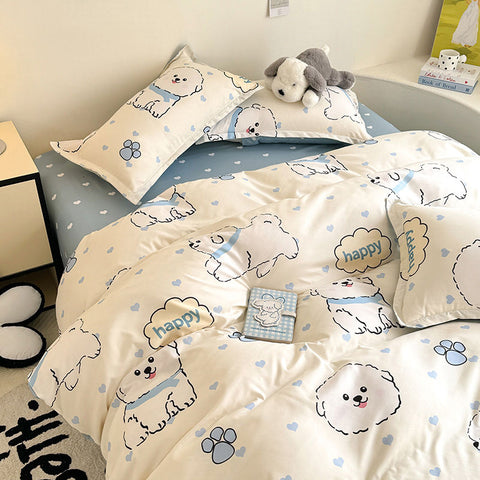 Sonicelife Cute Dog Bedding Set No Filler Ins Cream Blue Duvet Cover Flat Sheet Pillowcase Kids Adults Fashion Soft Comforter Cover