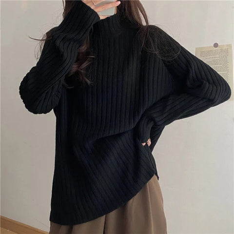 Black Friday Sonicelife Turtleneck Knitted Sweater Women Autumn Winter Fashion Loose Long Sleeve All Match Pullover Sweaters Solid Office Lady Jumper