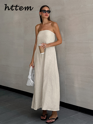 Sonicelife Elegant Pleated Strapless Long Dress Women Loose Off Shoulder Sleeveless Backless Party Dresses 2024 Summer Lady Holiday Robes