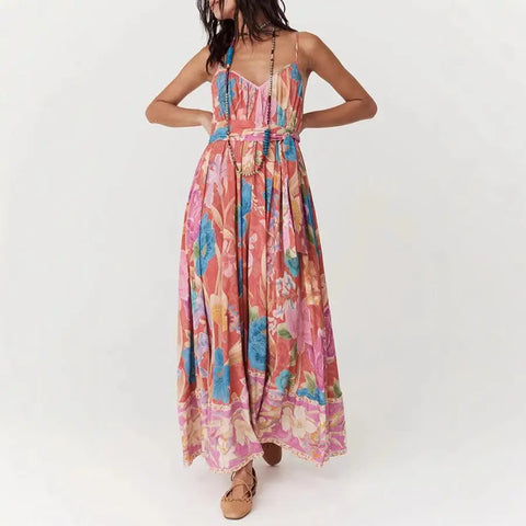 Sonicelife Elegant Flowers Pleated Loose Casual Robes Women Printed Sleeveless Backeless Sling Maxi Dresses Chic Vacation Vestdios 2025 New