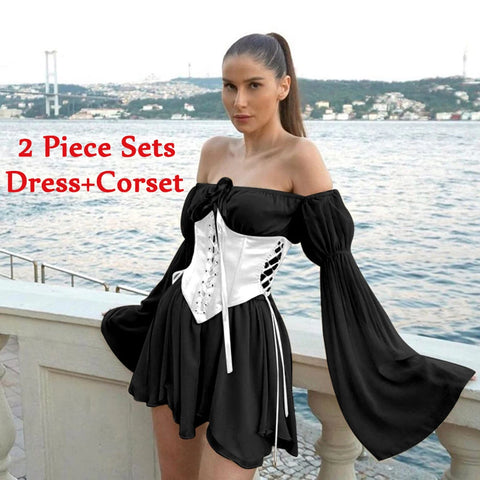 Sonicelife Summer Sweet Women 2 Piece Dress Sets Pink Chiffon Dress Off Shoulder Outfits Lace-up Corset Bustier Two Piece Party Dress Suits