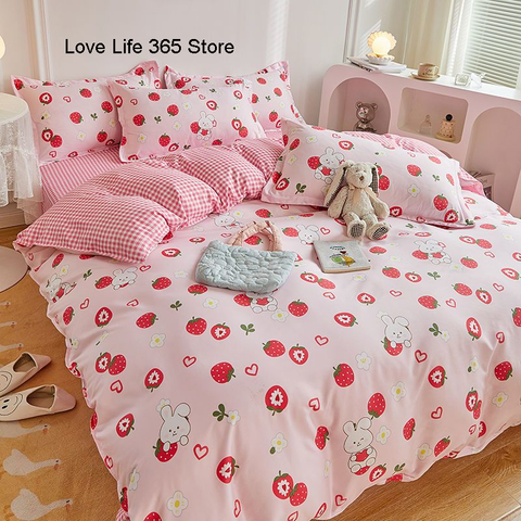 Sonicelife Garden Flowers And Cute Rabbit Pattern Duvet Cover Nordic Style Full Size Bedding Sets Queen Double For Girls Gift Pink