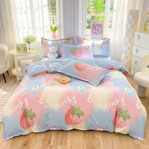 Sonicelife Korean Pink Rose Duvet Cover Set Soft Green Flat Sheet Quilt Cover Pillowcase Bed Linen Twin Queen Full Size Floral Bedding Set