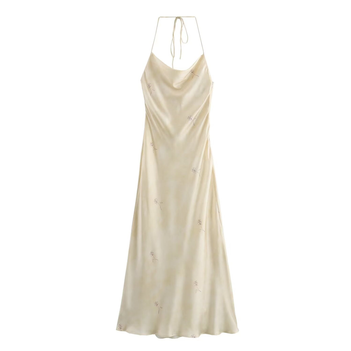 Sonicelife Women's Hanging Neck Sling Dress with Hollow Back, Sexy Silk, Satin Texture, Printed Long Dress, New