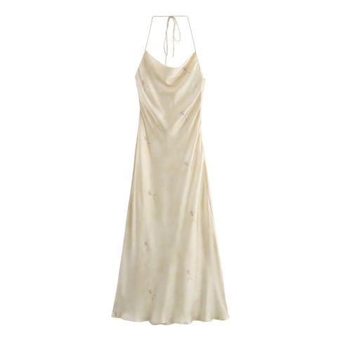 Sonicelife Women's Hanging Neck Sling Dress with Hollow Back, Sexy Silk, Satin Texture, Printed Long Dress, New