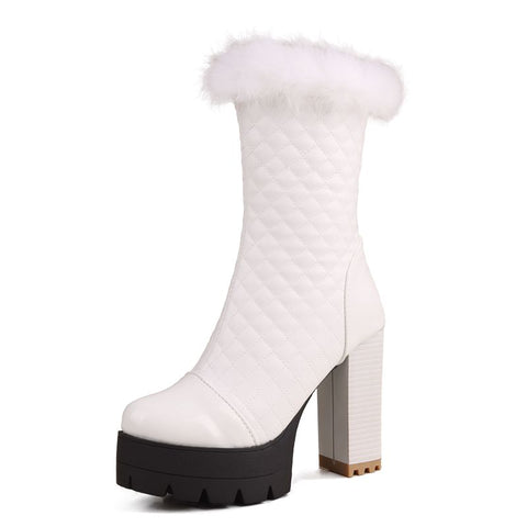 thanksgiving outfit Sonicelife Women Knight Boots Round Toe Block Heels 11cm Platform Hill Fur Mid Calf Bota Size 47 48