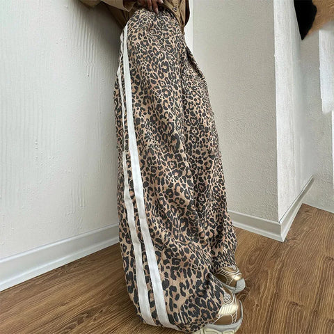 thanksgiving outfit Sonicelife Casual Leopard Wide Leg Pant Women Patchwork High Waist Long Trouser Female 2024 Autumn Fashion Y2K All Match Striped Pants Lady