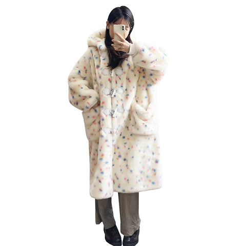 christmas outfit Sonicelife Winter Long Oversized Colorful Cute Sweet Faux Fur Coat Women with Hood Horn Buttons Fluffy Furry Overcoat 2025