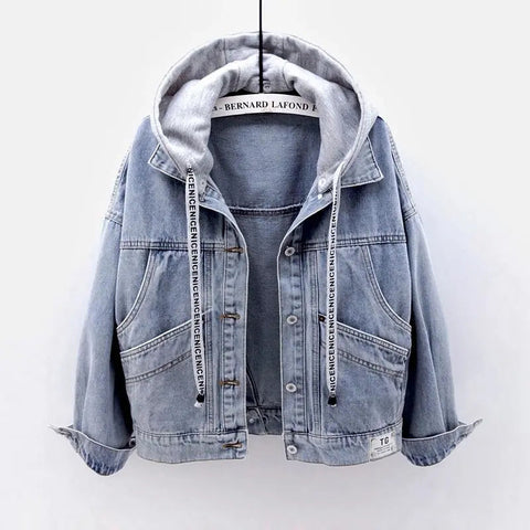 christmas outfit Sonicelife Blue Hooded Turn-down Collar Denim Jacket Women Loose Button Patchwork Outwear Jean Coat Female