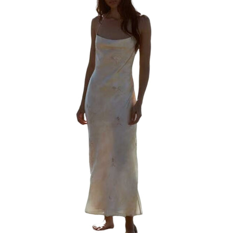 Sonicelife Women's Hanging Neck Sling Dress with Hollow Back, Sexy Silk, Satin Texture, Printed Long Dress, New