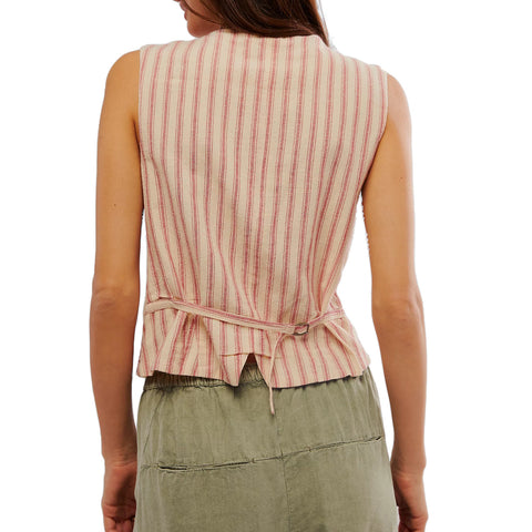 Sonicelife Women's Heavy Industry Embroidery V-Neck Stripe Vest Ethnic Style Top Casual Fashion New
