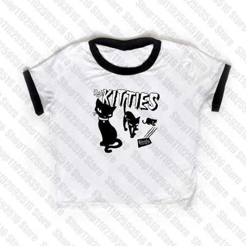 Sonicelife Y2K Grunge Cyber Goth Tee Vintage letter cat graphics Short Sleeve Crop Tops baby tees Kawaii Skater T-shirt Women Streetwear