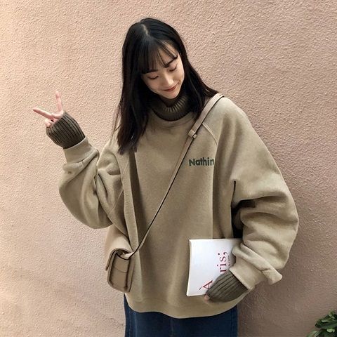 christmas outfit Sonicelife Autumn and winter student Korean style loose Harajuku style fake two-piece spliced pullover turtleneck sweatshirt for women tops