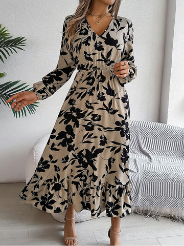 Sonicelife Long Sleeve Ruffles Floral Printed Maxi Dress Bohemian Holiday Dress Office Elegant V-Neck Dress Vestido Autumn