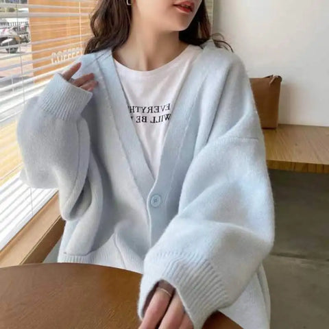 Sonicelife women Cardigan sweater blue Knitted tops Buttoned Up Elegant V-neck Knitted Sweater Cardigan 2024 Autumn Winter