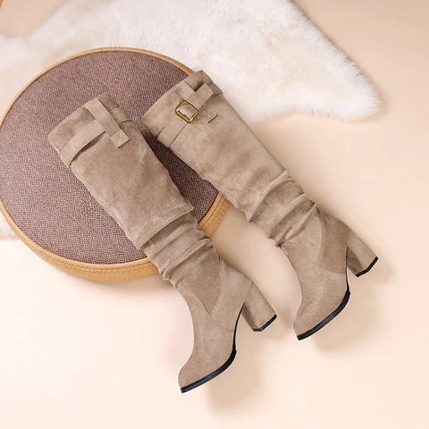 Sonicelife Female Shoes on Sale 2025  High Quality Sleeve Women's  Winter Pointed Toe Suede Solid High Tube Chunky Heels Fashion Boots