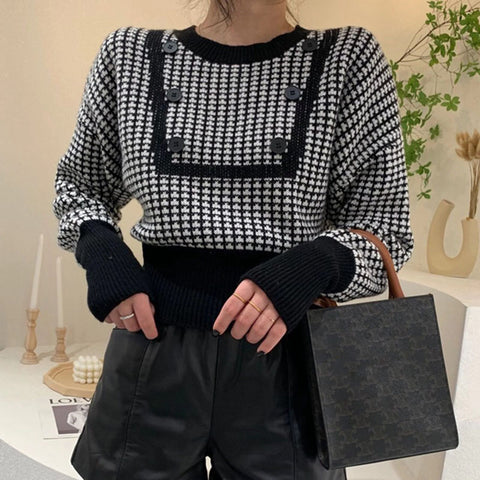 Sonicelife Houndstooth Vintage Sweaters Women Long Sleeve Casual Patchwork Knitted Jumpers Korean Loose O Neck Retro Buttons Pullovers